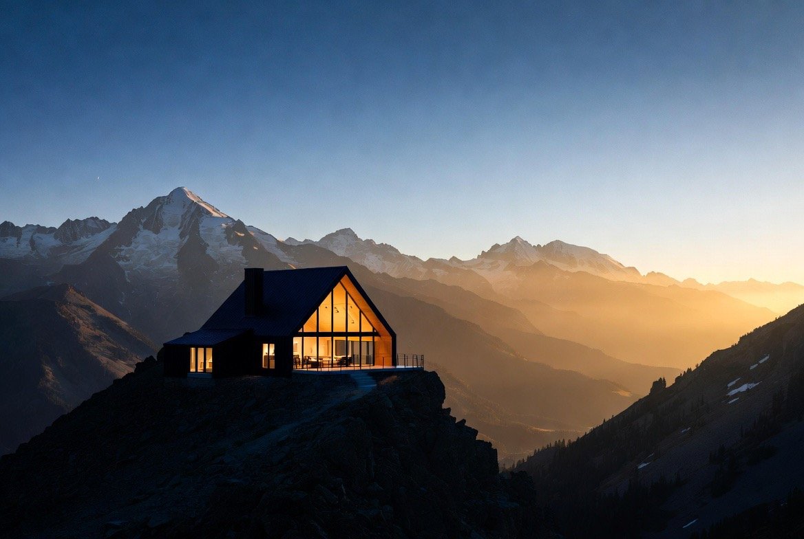 Mountain-modern home at dusk, lit from within, overlooking a range of snow-capped peaks