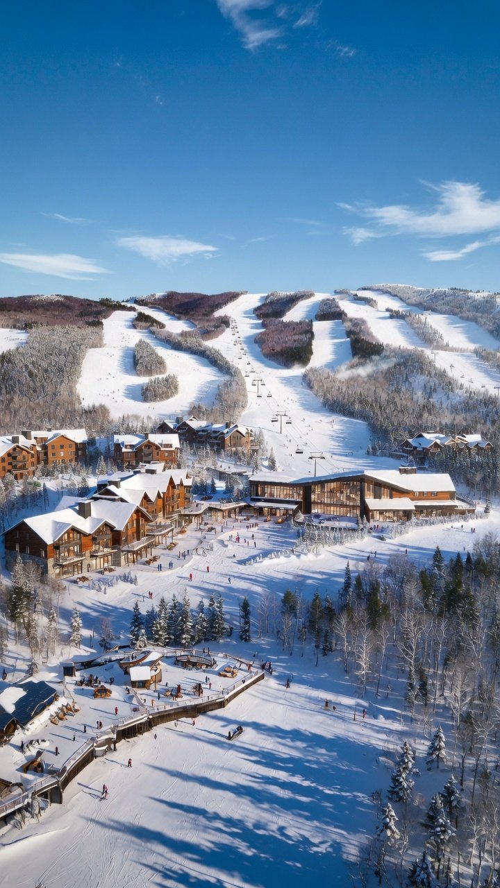 Ski resort village at the base of snow-covered slopes